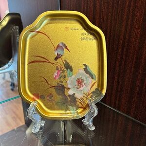 Vintage Tin English Tray Bird Flower Leaves Small Asian Writing Elite Trays